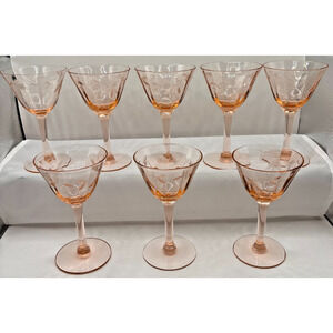 Vintage Depression Era Pink Cocktail Glasses with Etched Flowers- Nearly Perfect